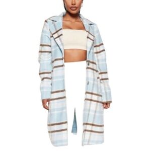 Fashion Nova Blue Plaid Long Coat Shacked style Jacket Sz Medium
